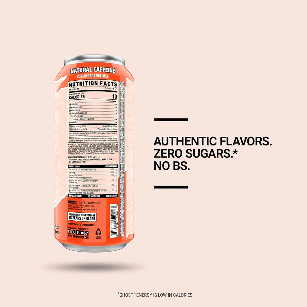 GHOST  ENERGY Zero Sugars Energy Drink, Peaches 16 fl oz Can