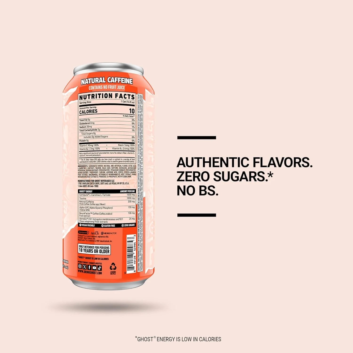 GHOST  ENERGY Zero Sugars Energy Drink, Peaches 16 fl oz Can
