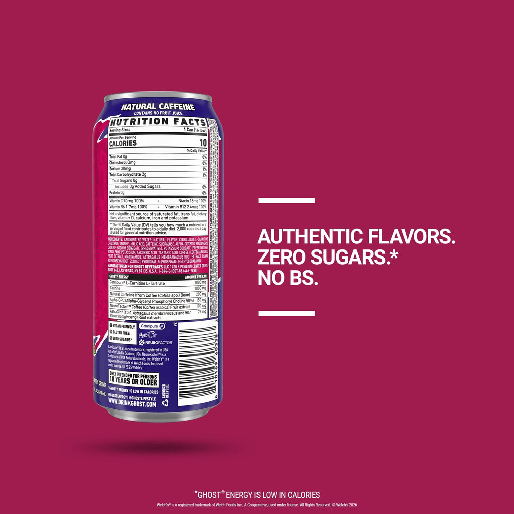 GHOST ENERGY Zero Sugars Energy Drink, Welch's Grape-Cran, 16 fl oz Can