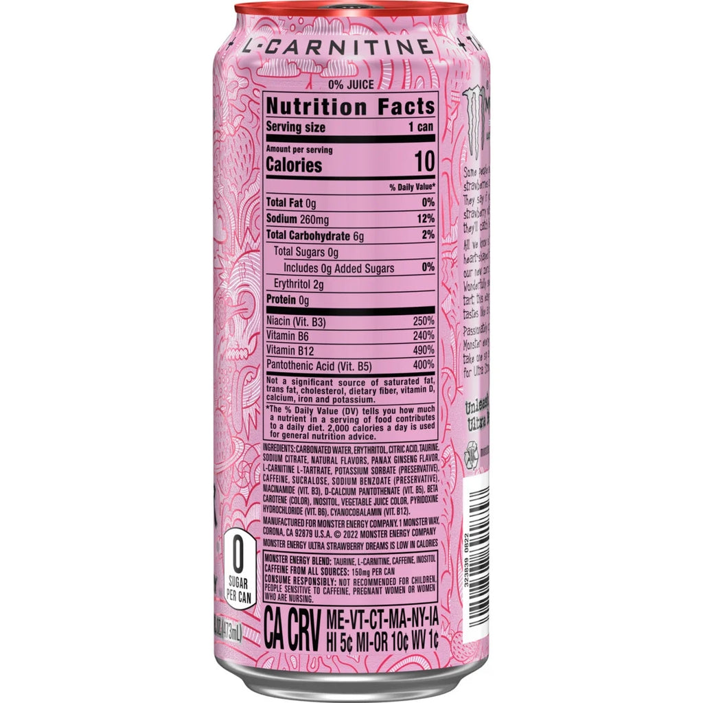 Monster Energy Ultra, Strawberry Dreams, Sugar Free Energy Drink, 16 Fl Oz