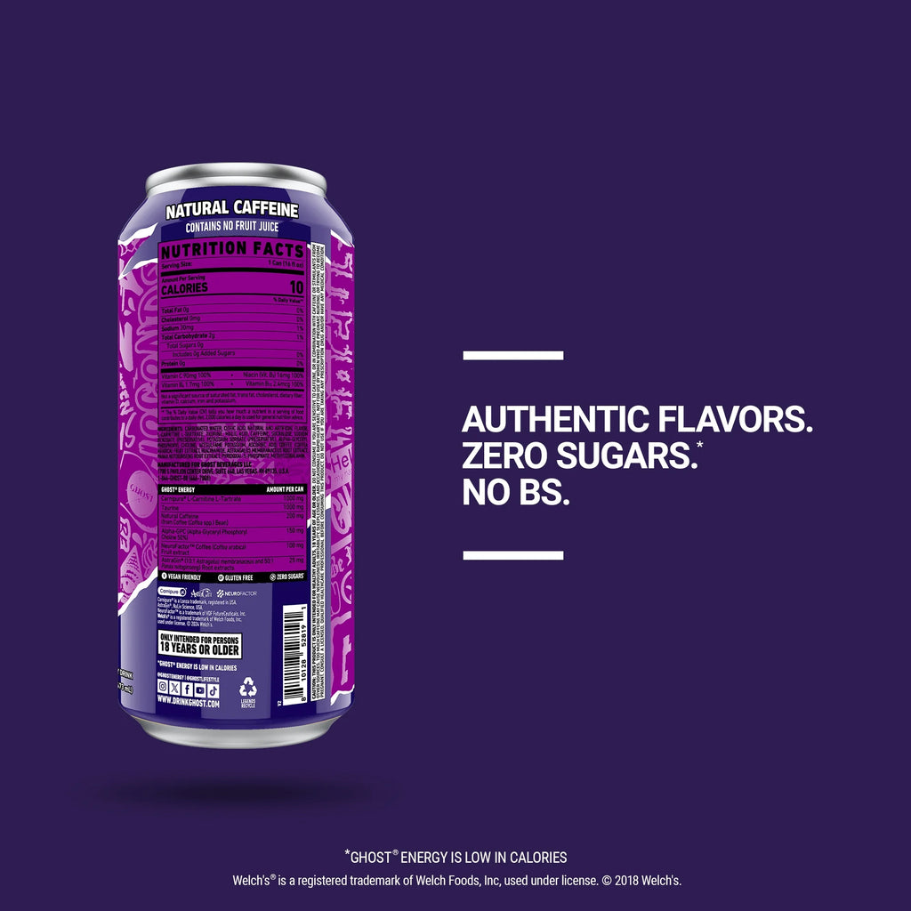 GHOST  ENERGY Zero Sugars Energy Drink, Welch's Grape 16 fl oz Can