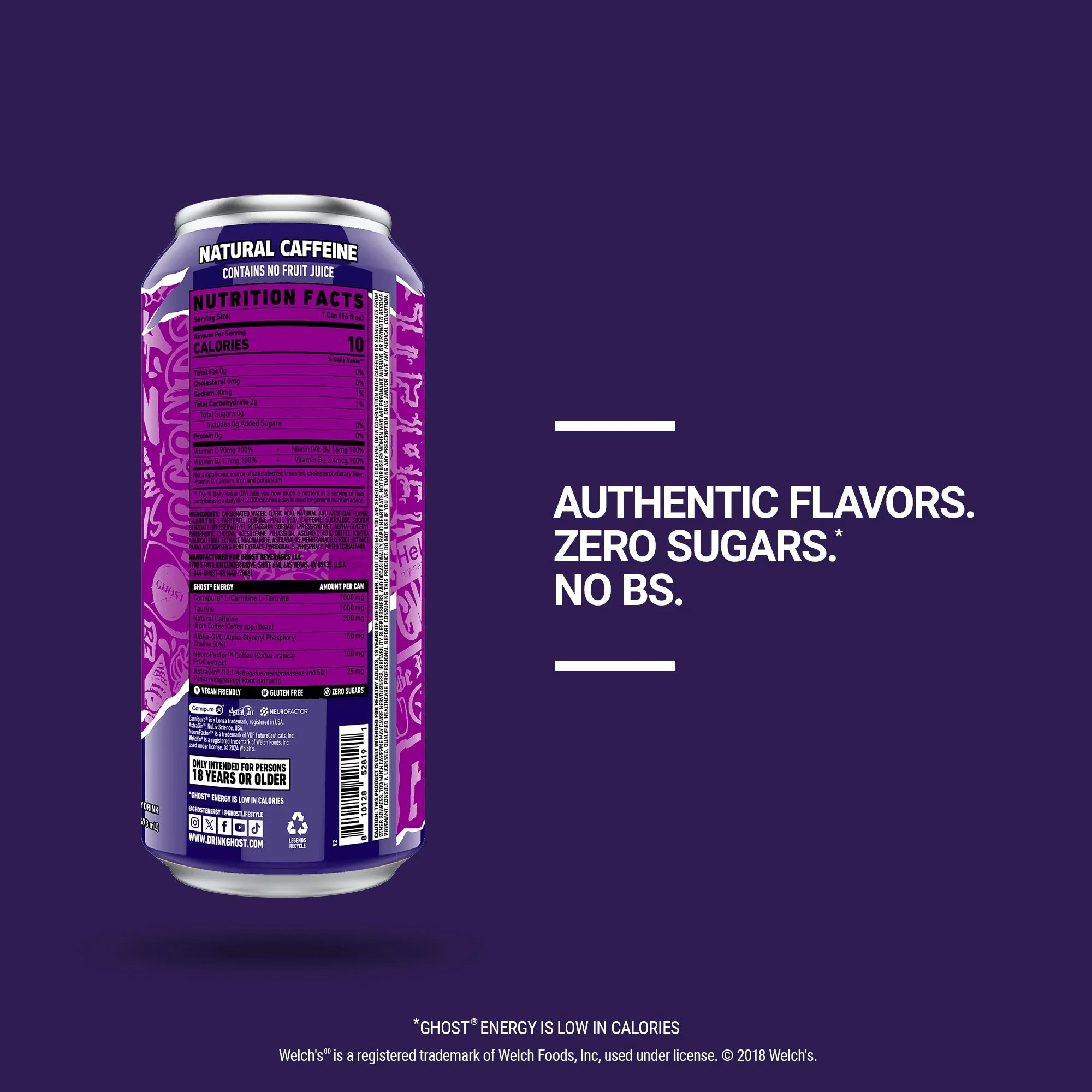 GHOST  ENERGY Zero Sugars Energy Drink, Welch's Grape 16 fl oz Can
