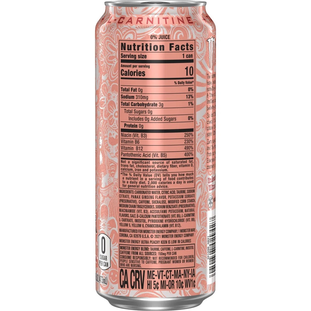 Monster Energy Ultra Peachy Keen Sugar Free Energy Drink 16 Fl Oz