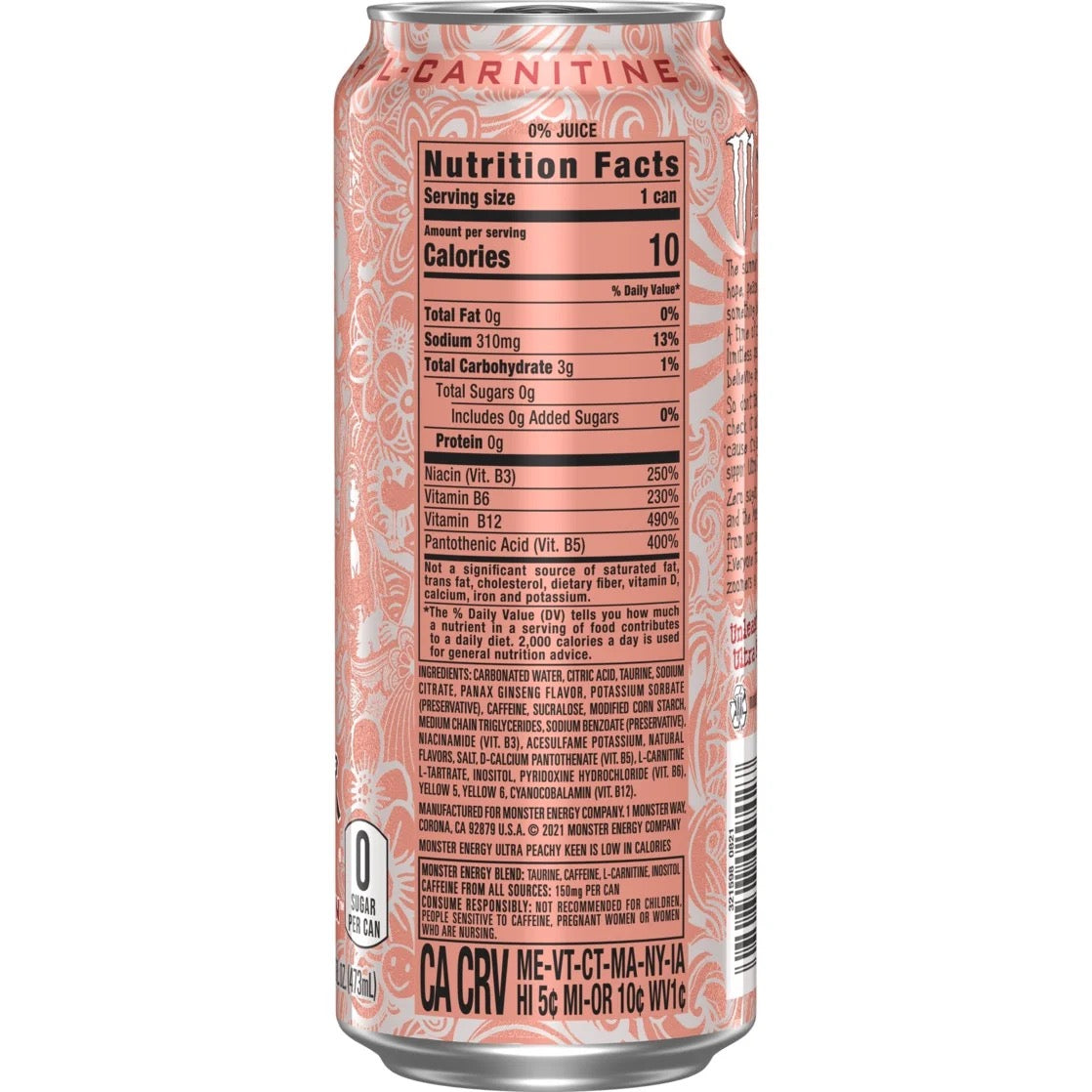Monster Energy Ultra Peachy Keen Sugar Free Energy Drink 16 Fl Oz