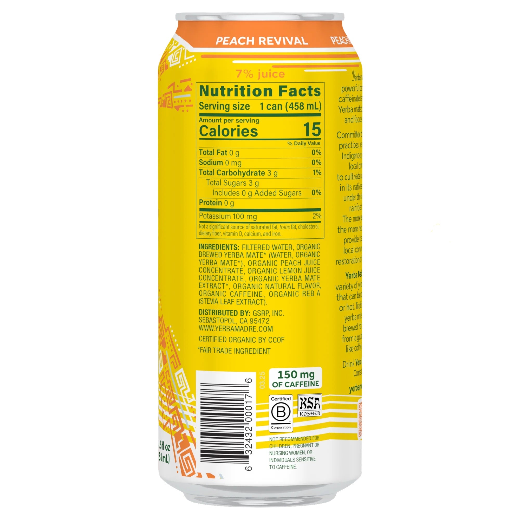 Yerba Madre Organic Yerba Mate Peach Revival 15.5oz Can