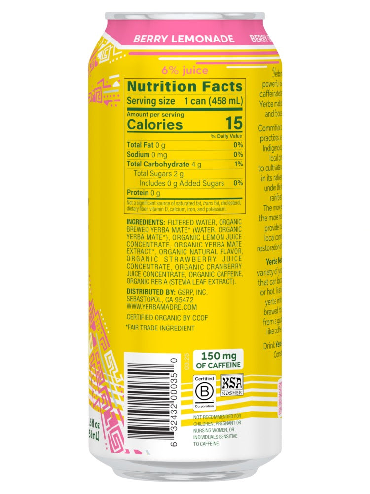 Yerba Madre Organic Berry Lemonade Energy Drink 15.5oz Can
