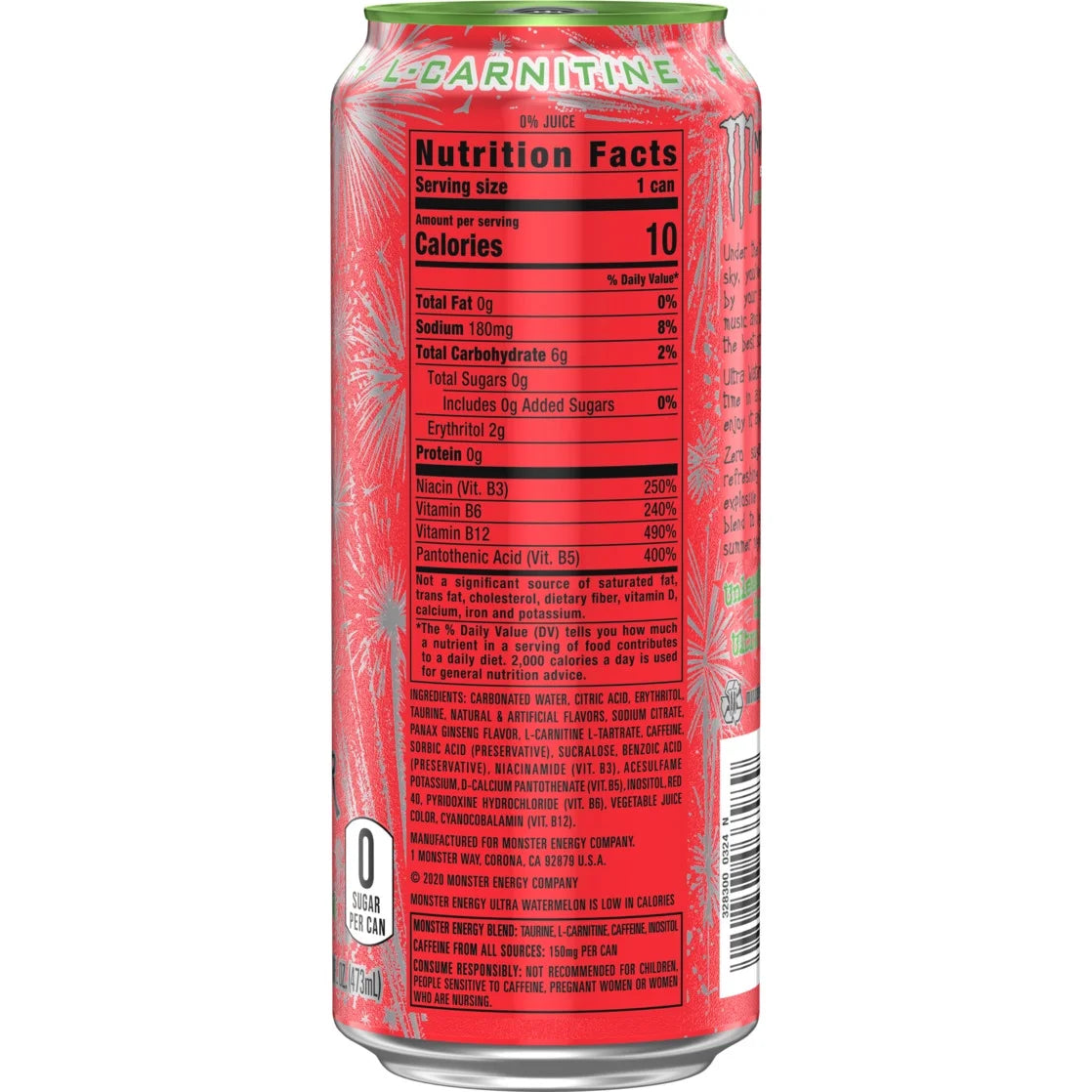 Monster Energy Ultra, Watermelon, Sugar Free Energy Drink, 16 Fl Oz