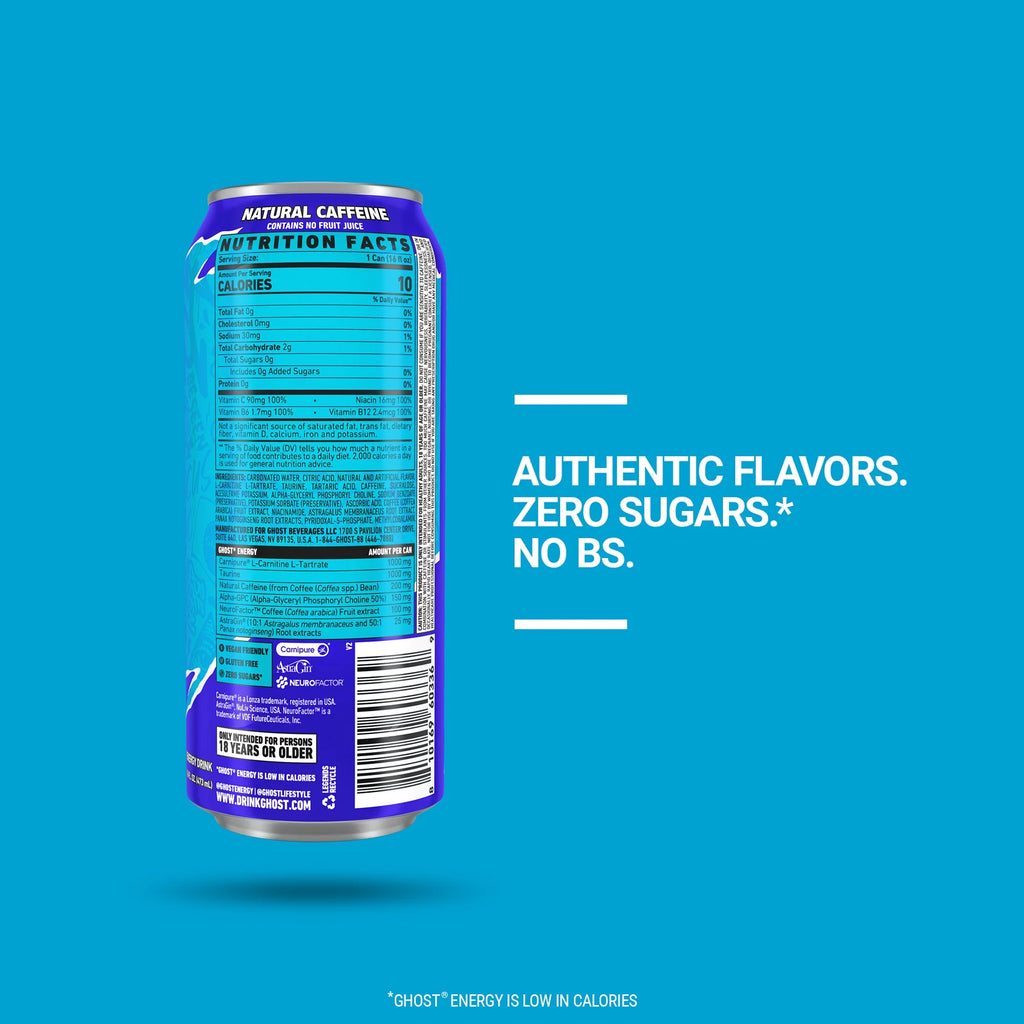 GHOST ENERGY Zero Sugars Energy Drink, Blue Raspberry 16 fl oz, Can