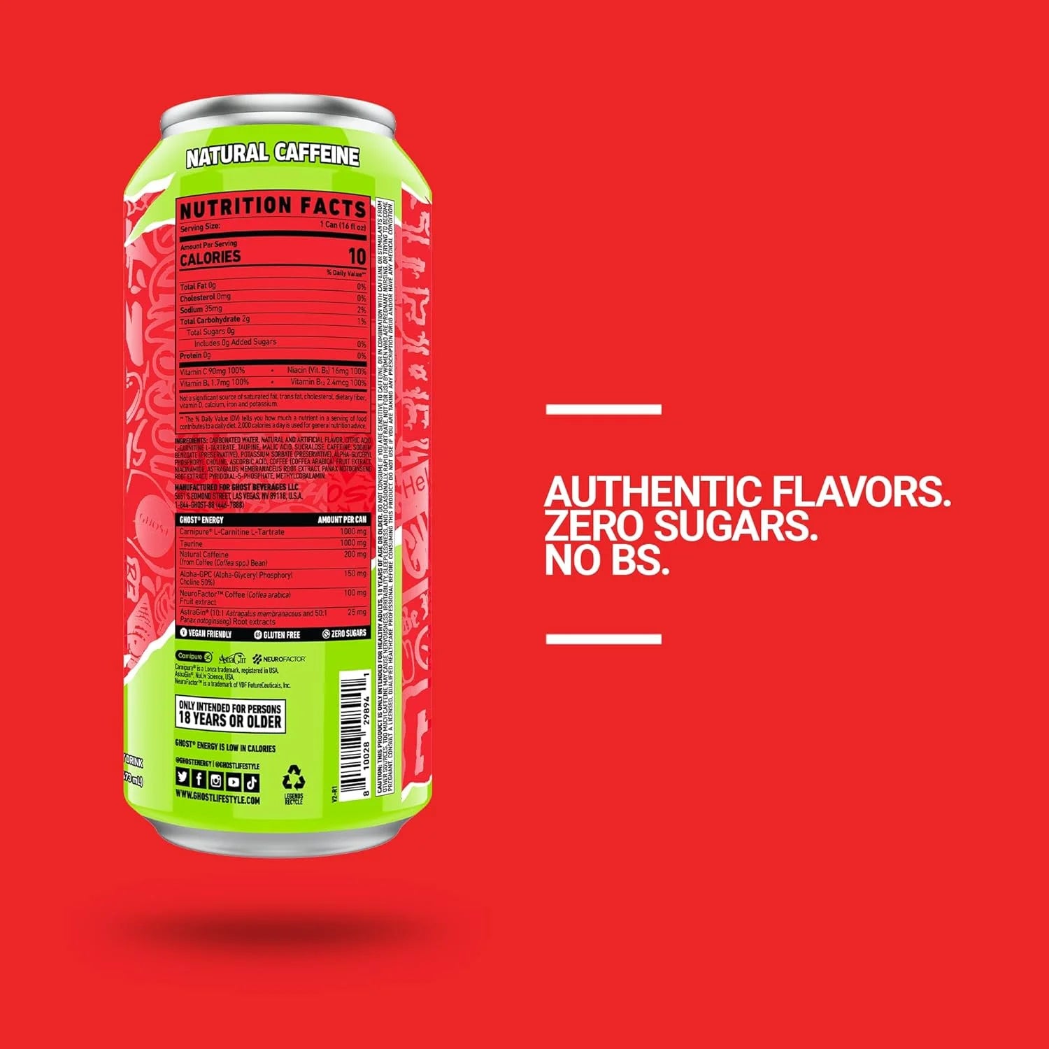 GHOST ENERGY Zero Sugars Energy Drink, Cherry Limeade 16 fl oz Can