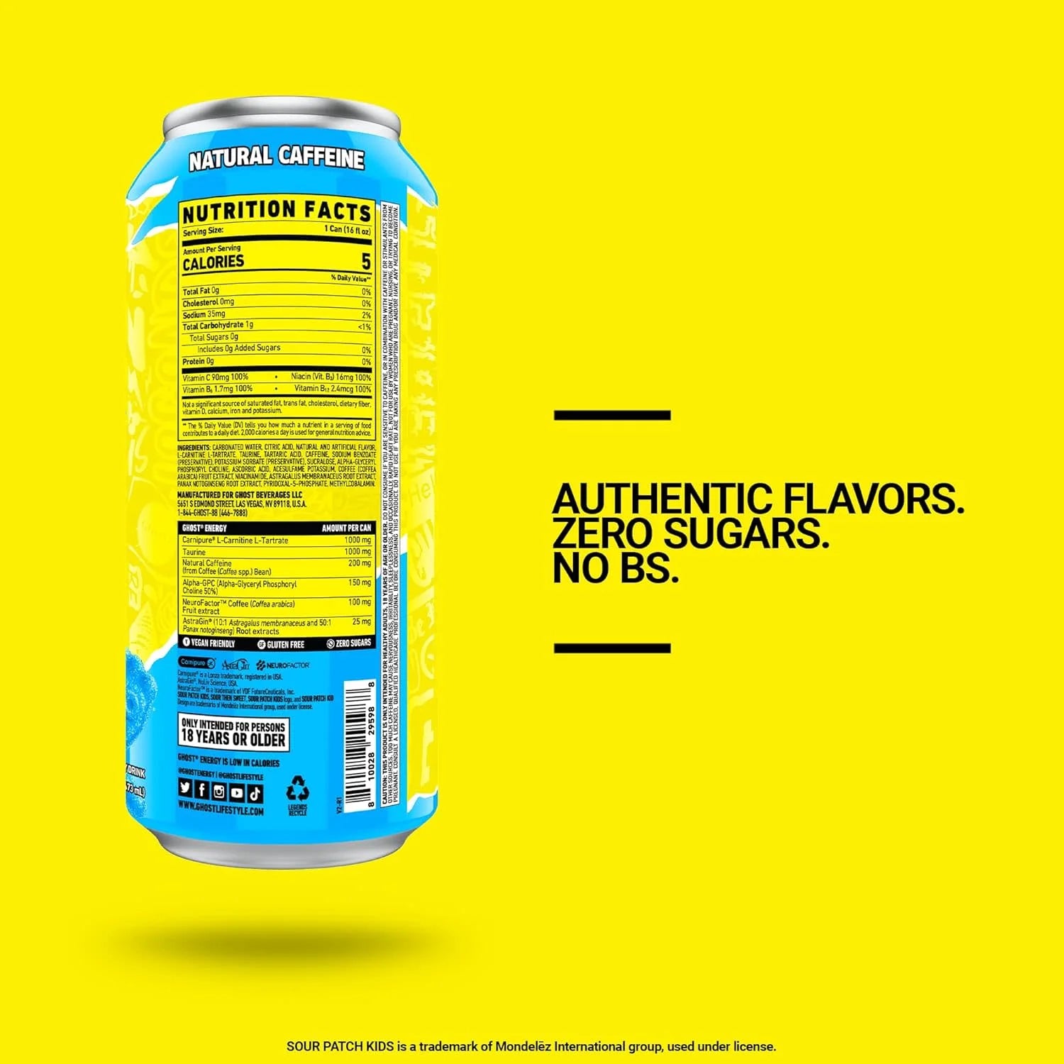 Ghost Zero Sugar Sour Patch Kids Blue Raspberry Energy Drink 16 fl oz, Can