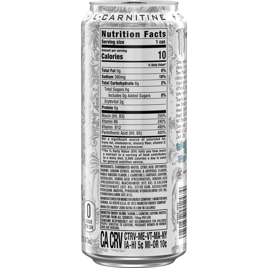 Monster Energy, Zero Ultra, Sugar Free Energy Drink, 16 Fl Oz