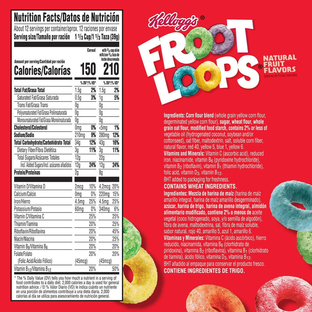 Kellogg's Froot Loops Breakfast Cereal Good Source of Fiber 15g Whole Grains Family Size 16.6 oz