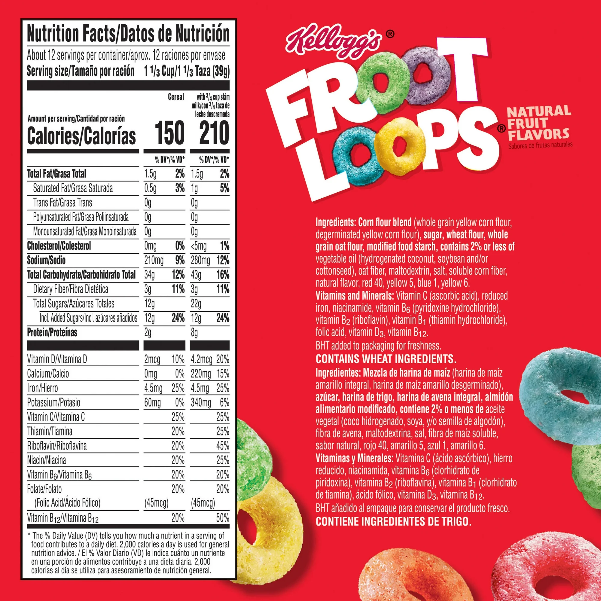 Kellogg's Froot Loops Breakfast Cereal Good Source of Fiber 15g Whole Grains Family Size 16.6 oz