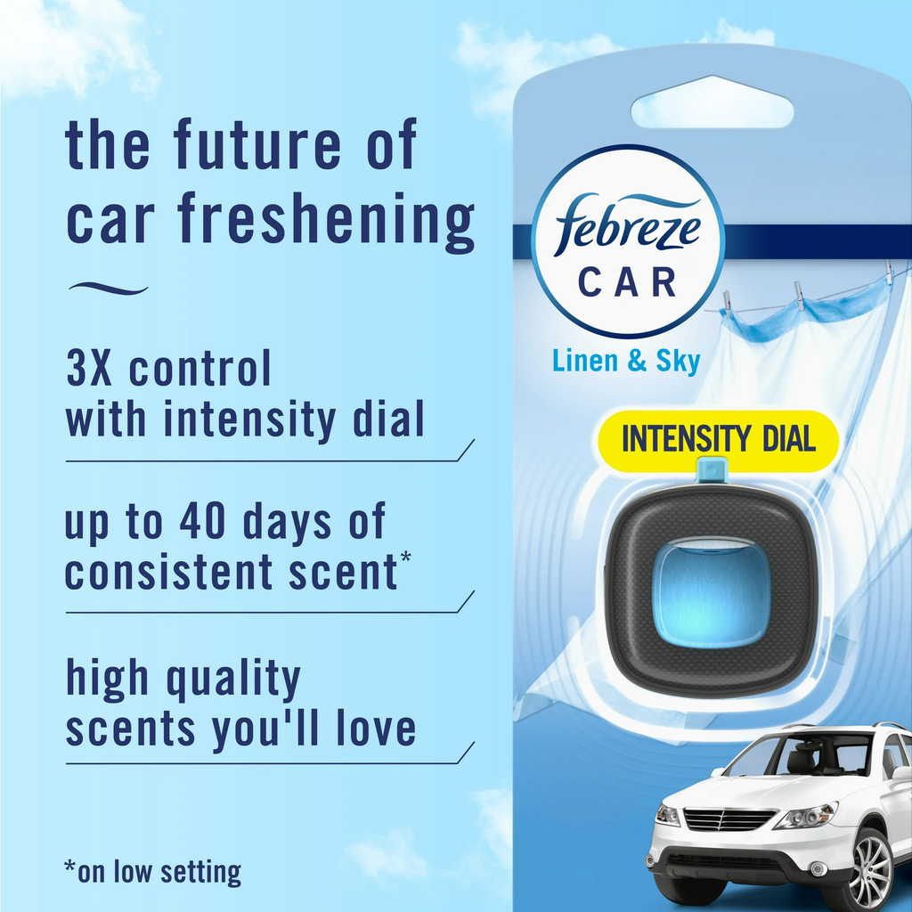 Febreze Car Air Freshener Odor-Fighting Car Vent Clip Linen & Sky 3 Count