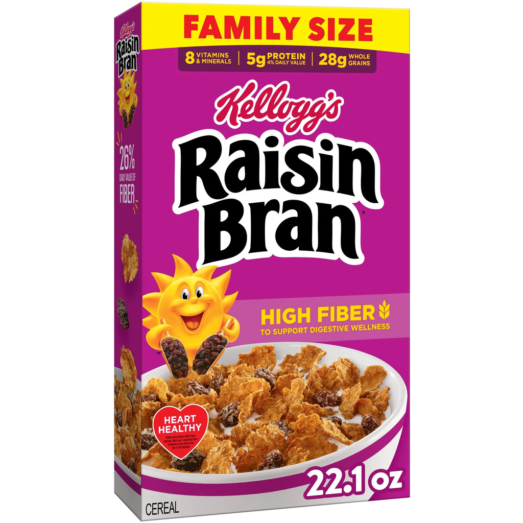 Kellogg’s Raisin Bran Breakfast Cereal High Fiber 28g Whole Grain Family Size 22.1 oz
