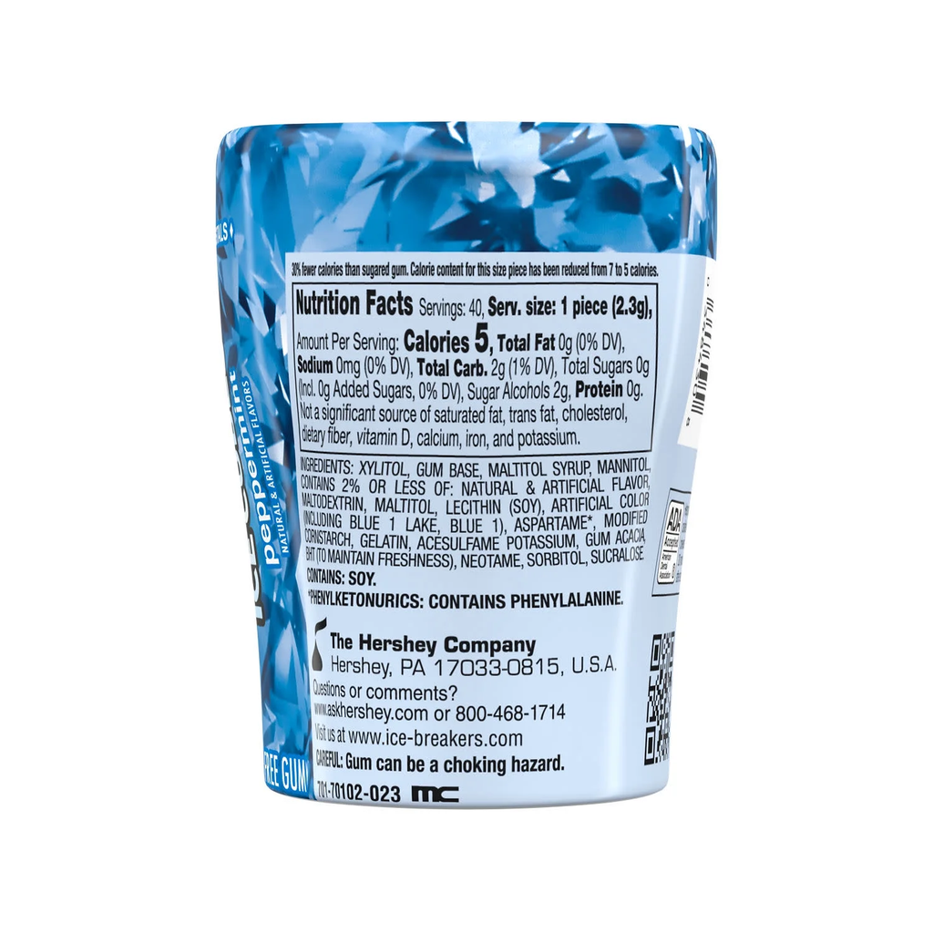 Ice Breakers Ice Cubes Peppermint Flavored Sugar Free Chewing Gum Bottle 3.24 oz 40 Pieces