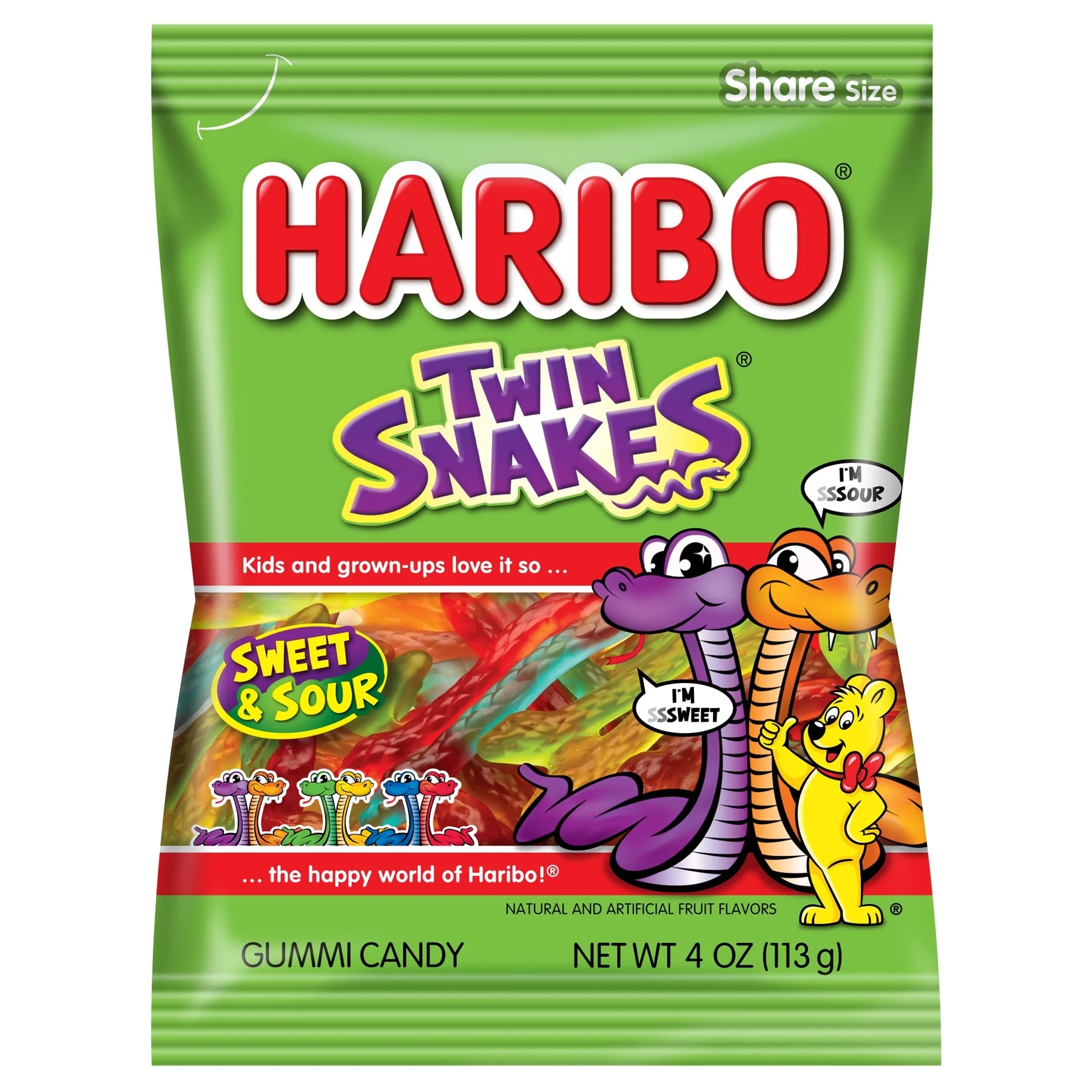 HARIBO Twin Snakes Gummies Assorted Fruit Flavor Gummy Candy 4 oz Share Size Bag