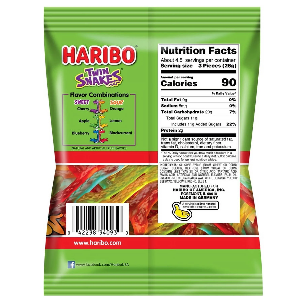 HARIBO Twin Snakes Gummies Assorted Fruit Flavor Gummy Candy 4 oz Share Size Bag