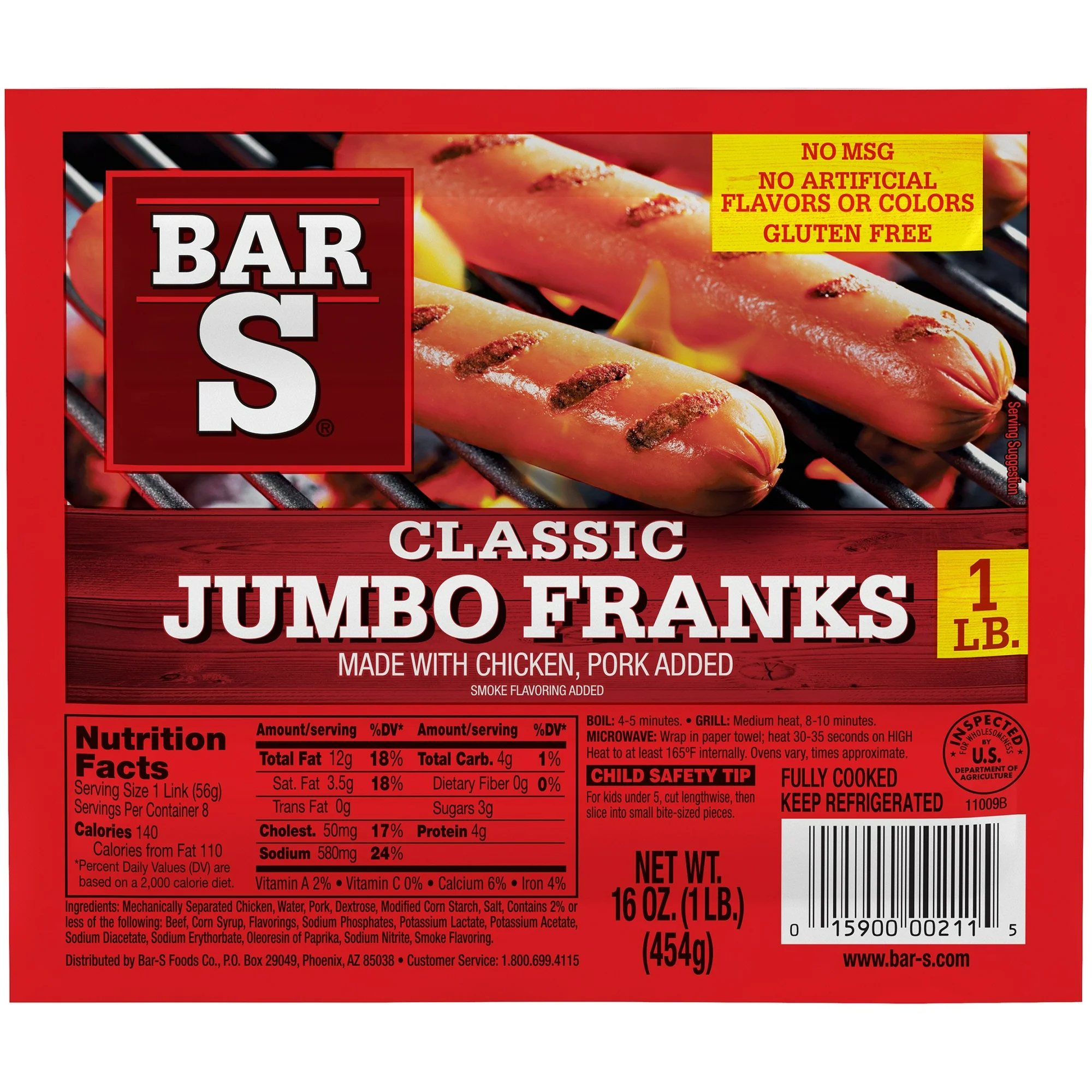 Bar-S Classic Fully Cooked Jumbo Franks Hot Dogs 8 Count 16oz (Refrigerated)