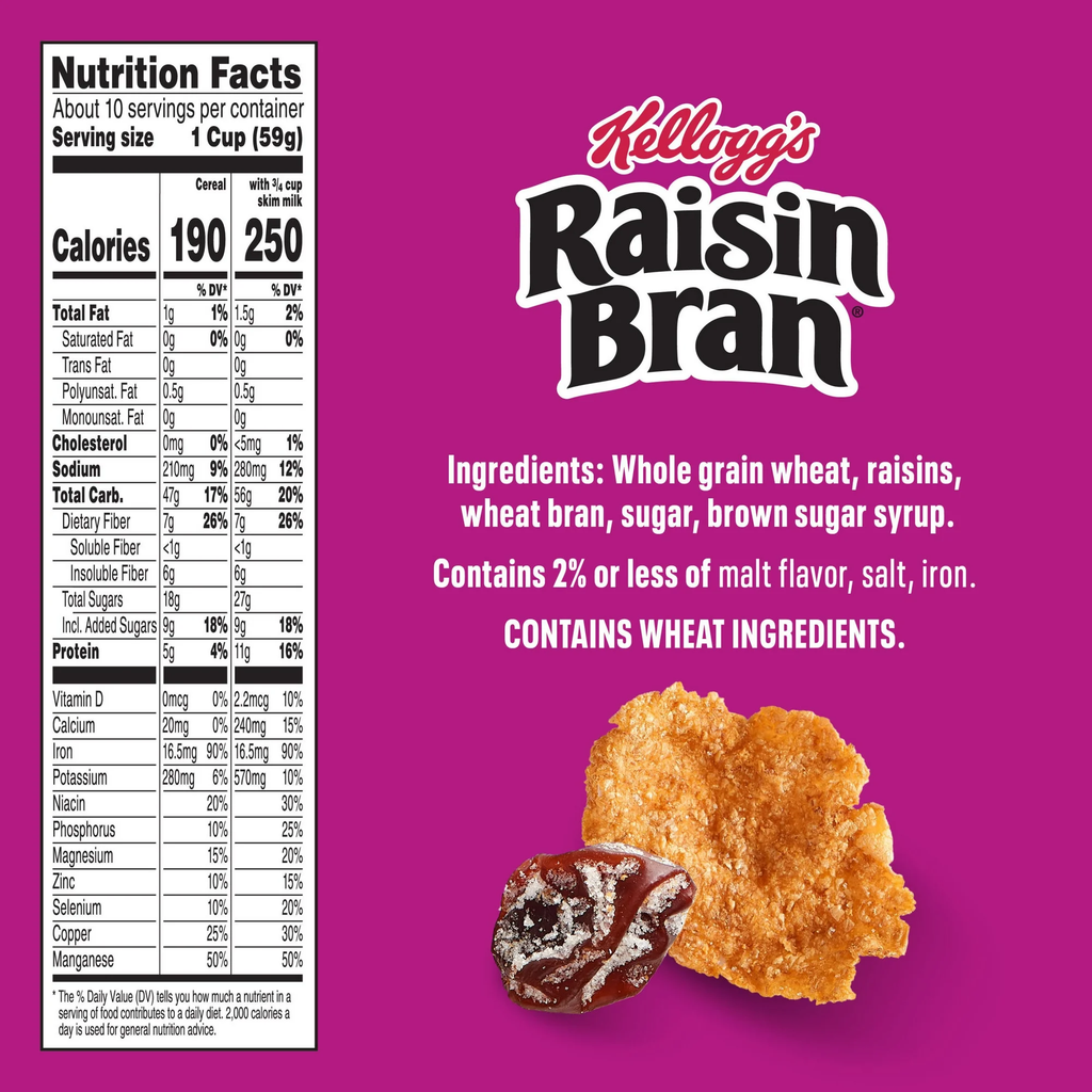 Kellogg’s Raisin Bran Breakfast Cereal High Fiber 28g Whole Grain Family Size 22.1 oz