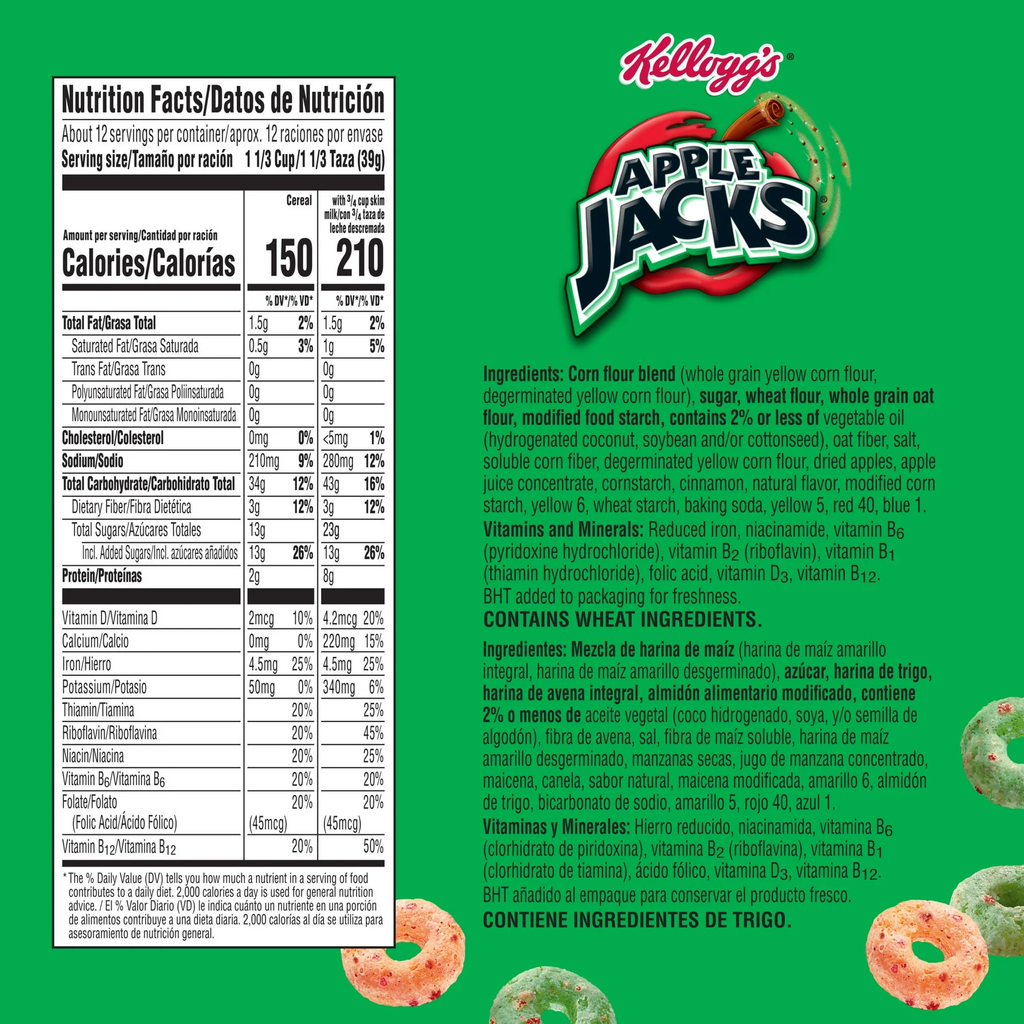 Kellogg's Apple Jacks Breakfast Cereal Family Breakfast Family Size 16.6oz Box