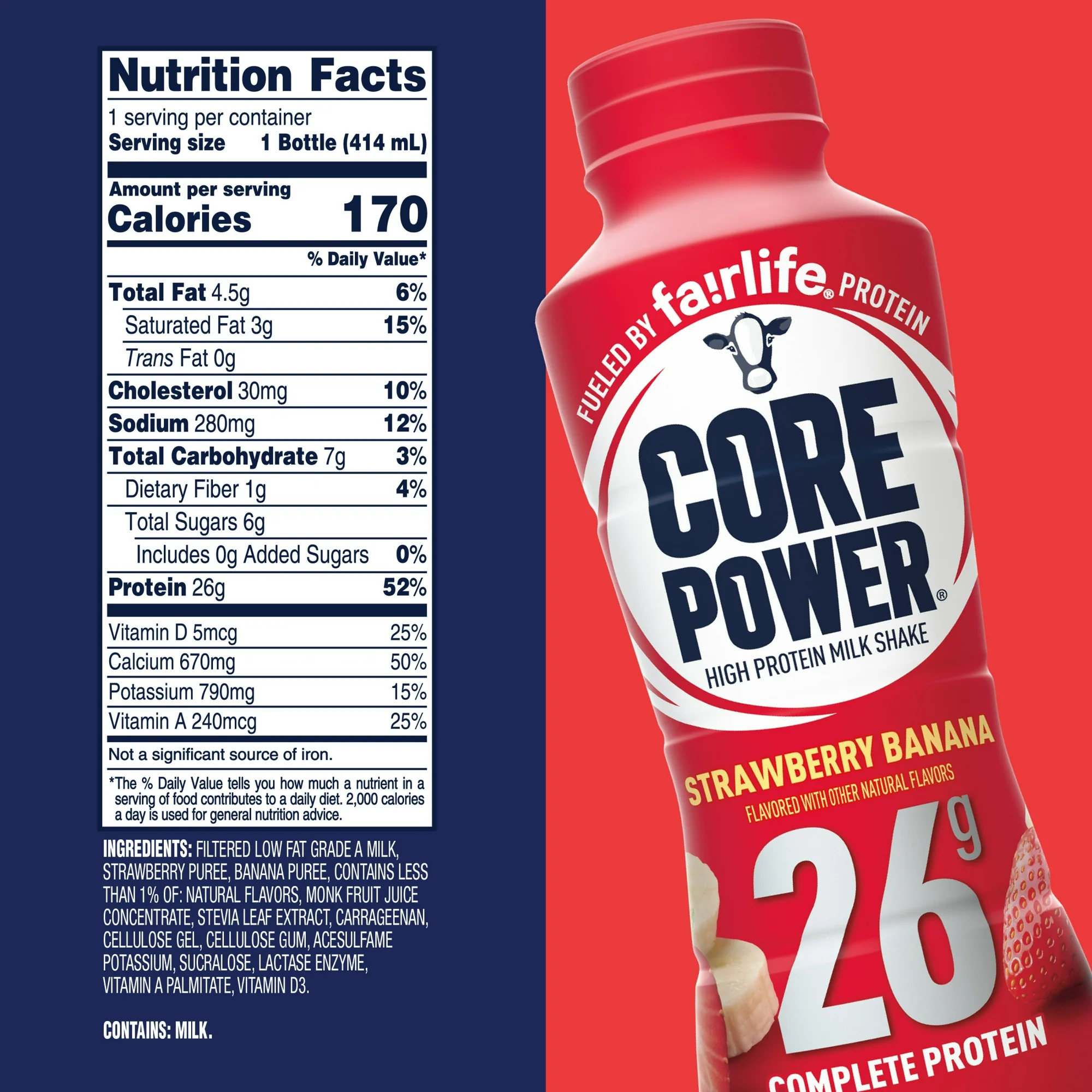 Core Power Protein Shake with 26g Protein by fairlife Milk Strawberry Banana 14 fl oz