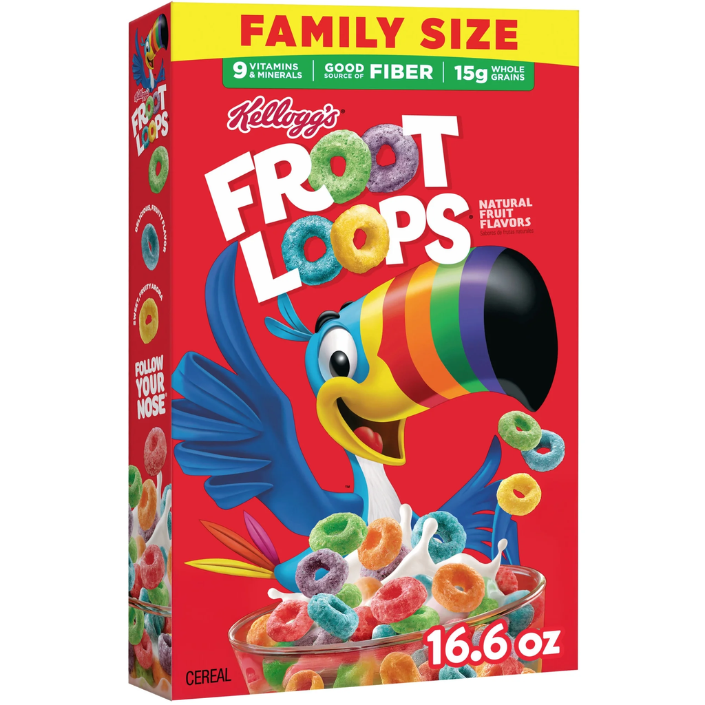 Kellogg's Froot Loops Breakfast Cereal Good Source of Fiber 15g Whole Grains Family Size 16.6 oz