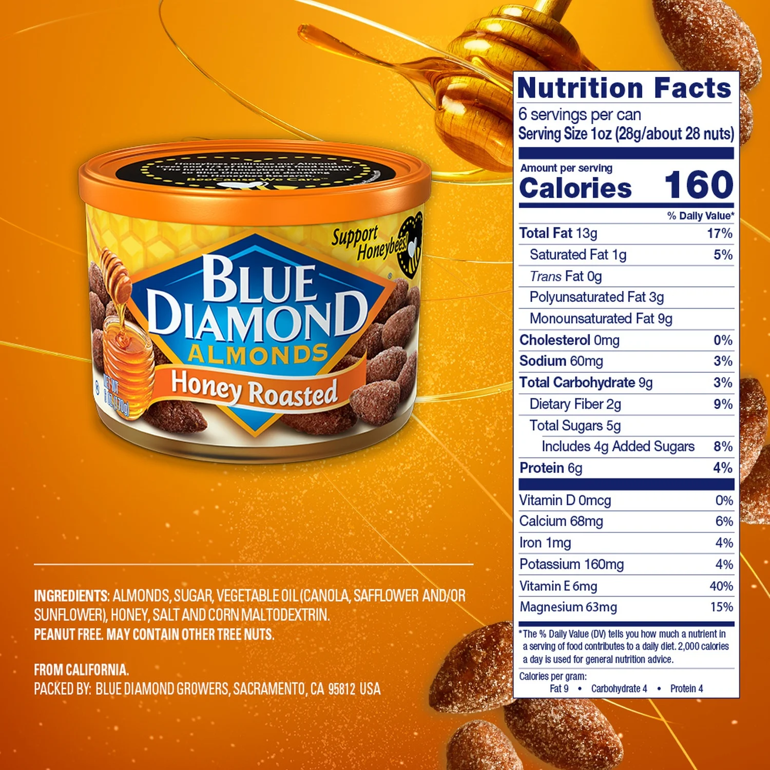 Blue Diamond Almonds Honey Roasted 6 oz can