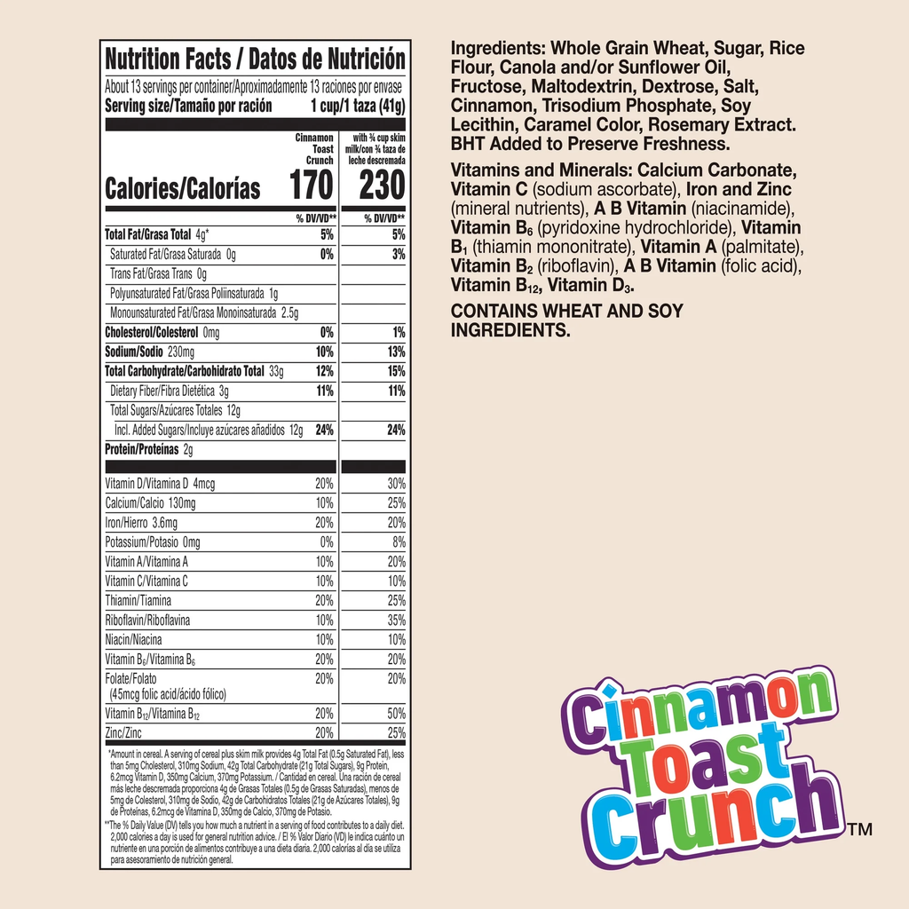 Cinnamon Toast Crunch Breakfast Cereal Crispy Cinnamon Cereal Family Size 18.8 oz